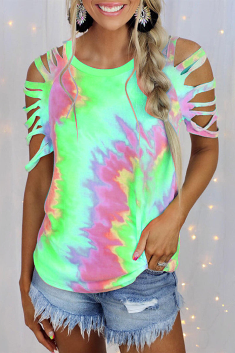 Casual & Stylish Tie Dye Hollowed Out Patchwork O Neck T-shirts