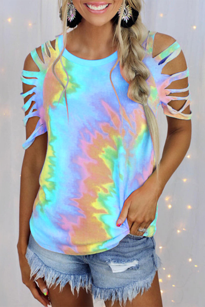 Casual & Stylish Tie Dye Hollowed Out Patchwork O Neck T-shirts