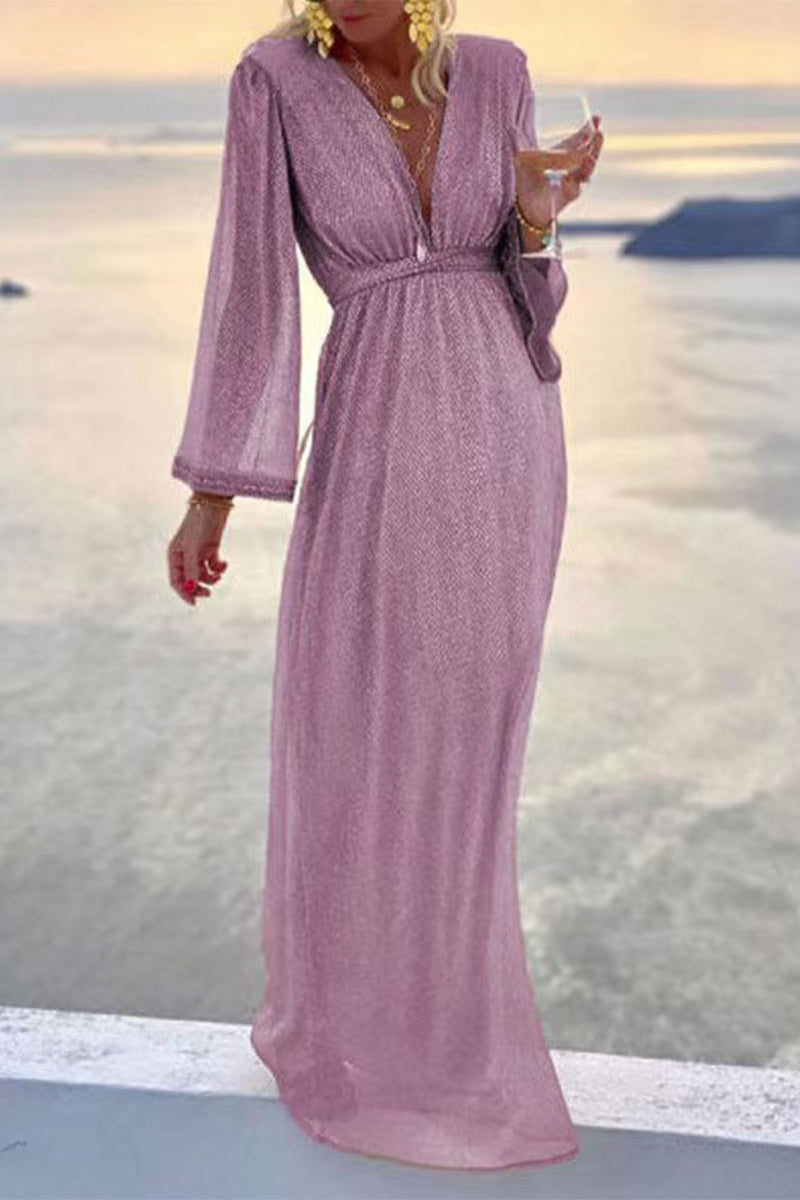 Fashion Elegant Solid Patchwork Fold V Neck Evening Dress Dresses Elegant For Special Occasions
