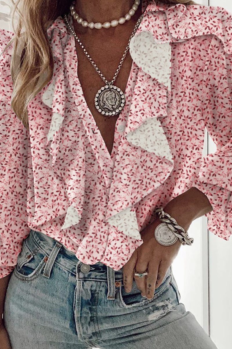 Elegant & Stylish Print Floral Butterfly Print Patchwork Flounce V Neck Tops(6 Colors)