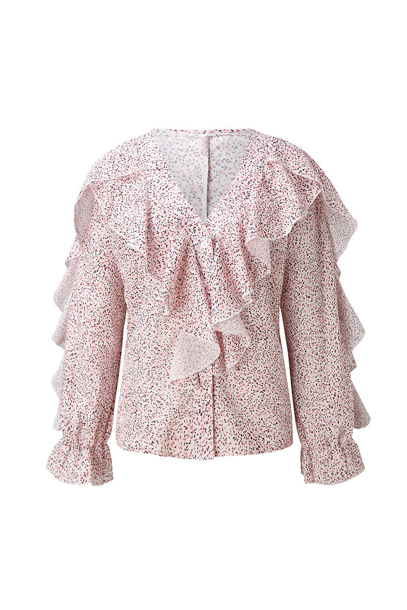 Elegant & Stylish Print Floral Butterfly Print Patchwork Flounce V Neck Tops(6 Colors)