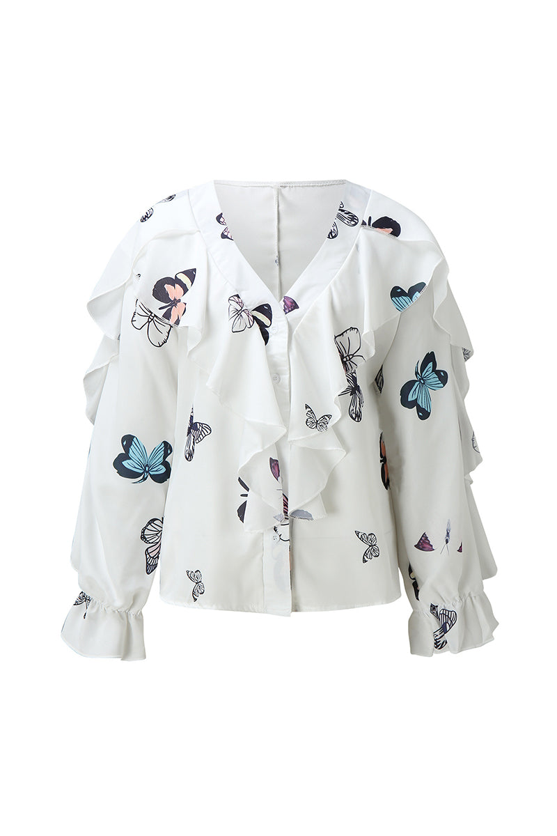 Elegant & Stylish Print Floral Butterfly Print Patchwork Flounce V Neck Tops(6 Colors)