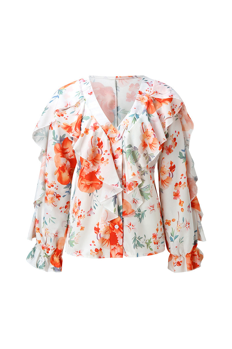 Elegant & Stylish Print Floral Butterfly Print Patchwork Flounce V Neck Tops(6 Colors)