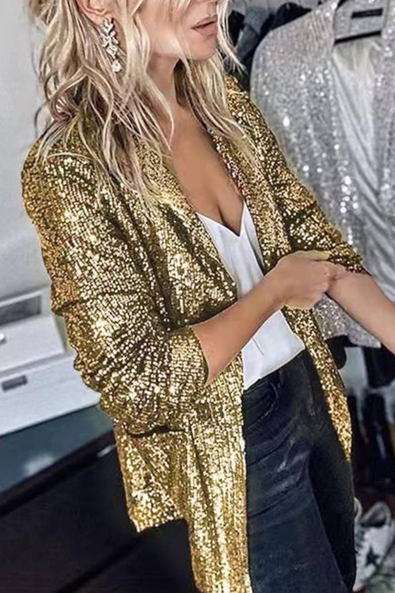 Street-Chic Sequin Cardigan Collar Outerwear with Patchwork