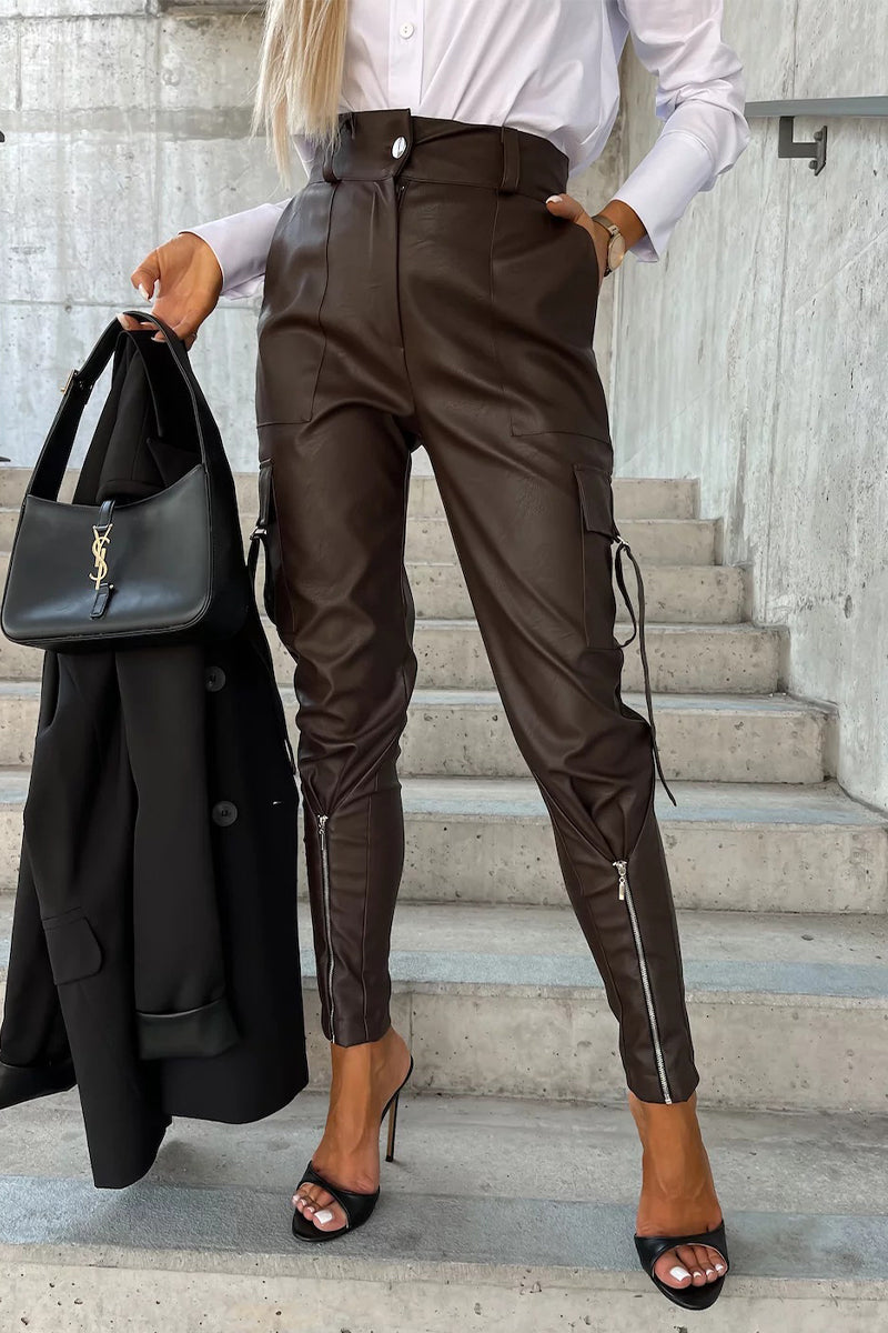 Casual & Stylish Classic Solid Pocket Zipper Regular High Waist Pencil Bottoms