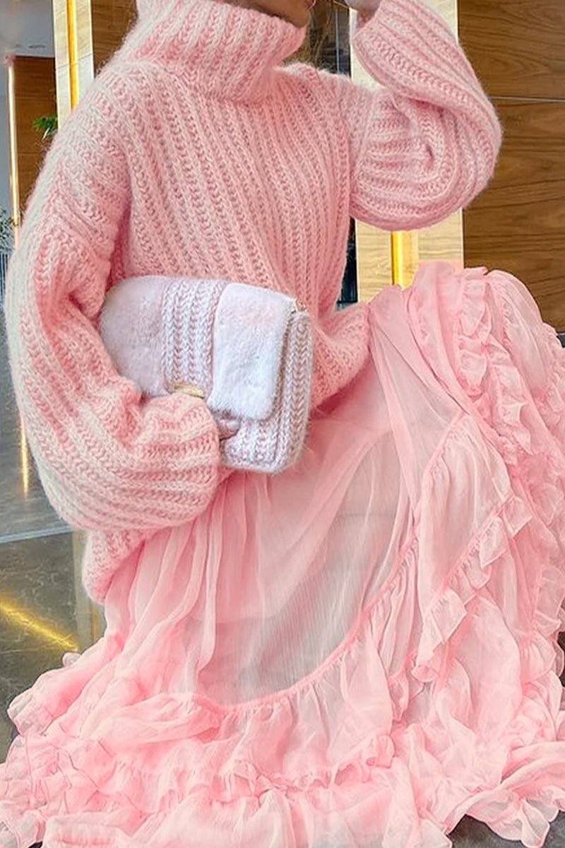 Sweet & Stylish Elegant & Stylish Classic Solid Flounce Turtleneck Long Sleeve Two Pieces