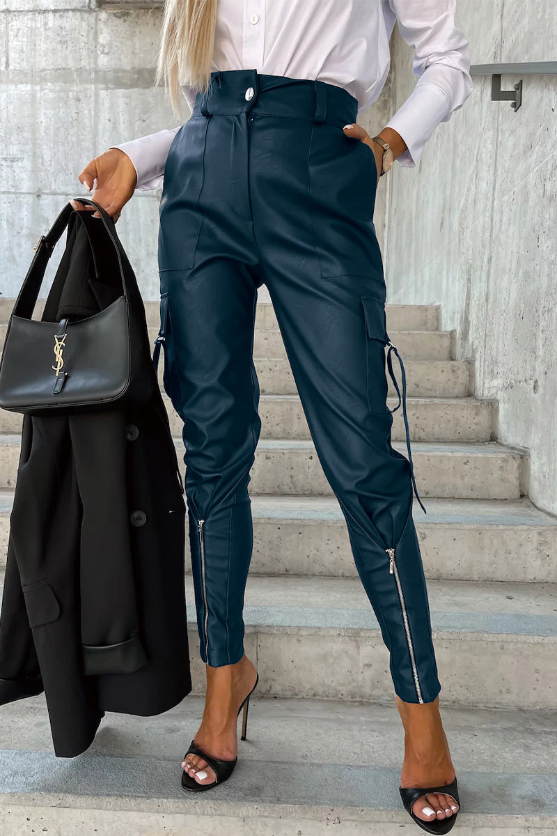 Casual & Stylish Classic Solid Pocket Zipper Regular High Waist Pencil Bottoms