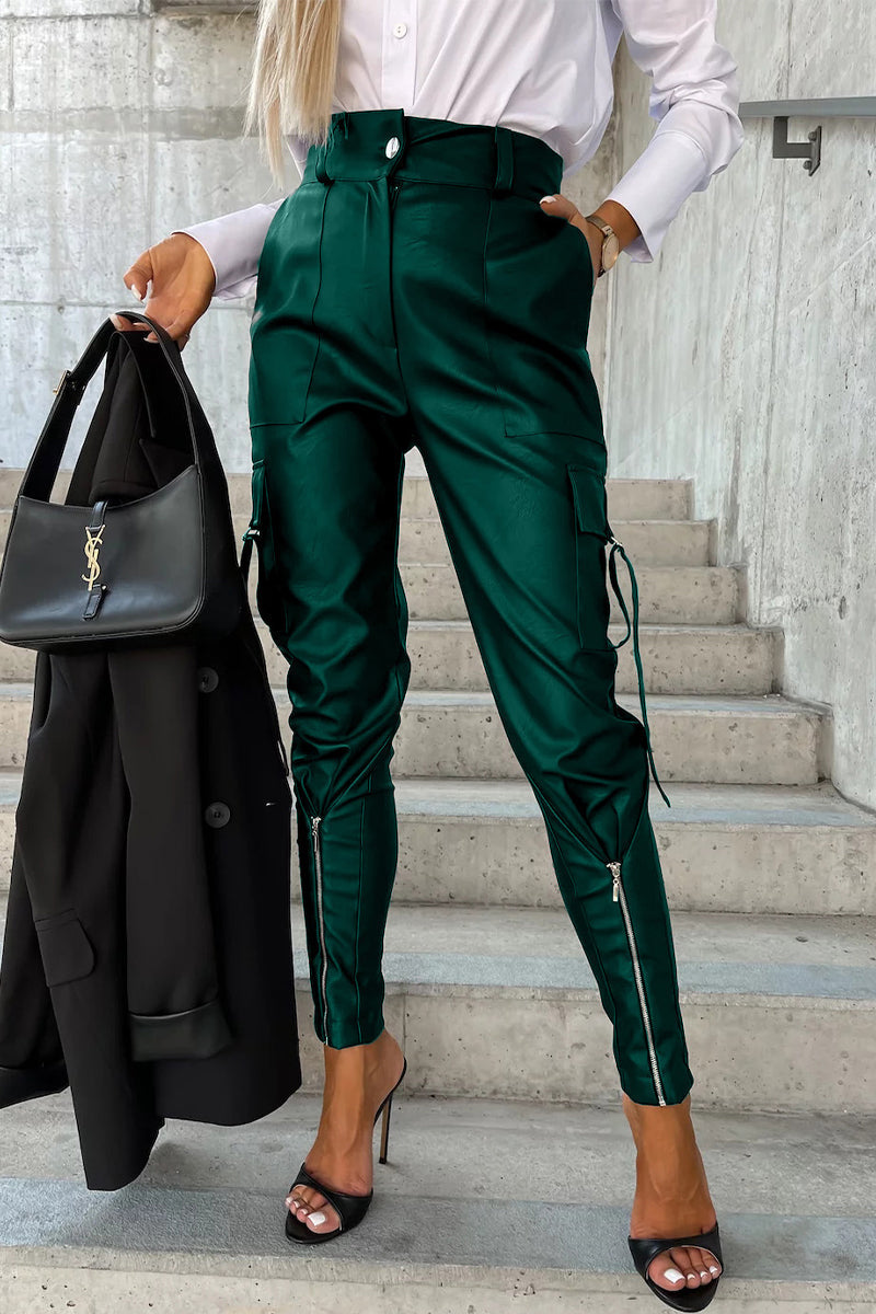 Casual & Stylish Classic Solid Pocket Zipper Regular High Waist Pencil Bottoms