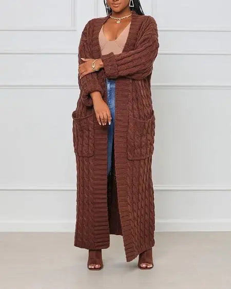 Lang kabelgebreid vest met open voorkant 