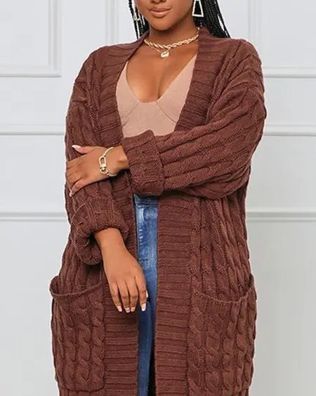 Lang kabelgebreid vest met open voorkant 