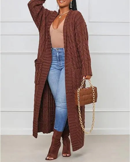 Open Front Longline Cable Knit Cardigan