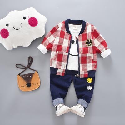 Camiseta con cara sonriente de 3 piezas, abrigo y pantalones a cuadros para bebés y niños pequeños