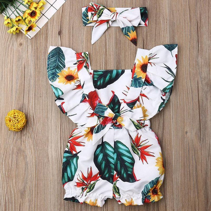 2-piece Ruffle Floral Printed Jumpsuit & Headwear for Baby
