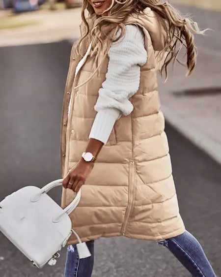 Hooded Gilet Puffer Jacket with Pockets & Buttons