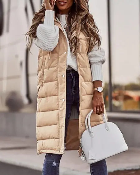 Hooded Gilet Puffer Jacket with Pockets & Buttons