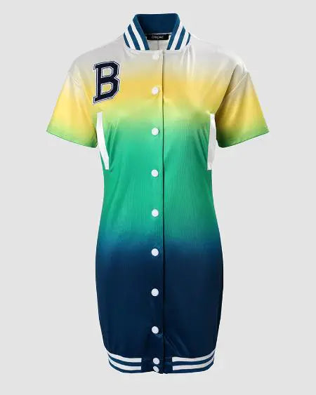 Casual jurk met ombre-ontwerpletterpatch en honkbalkraag 
