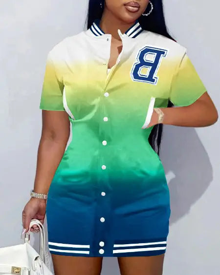 Casual Dress with Ombre Design Letter Patch & Baseball Collar
