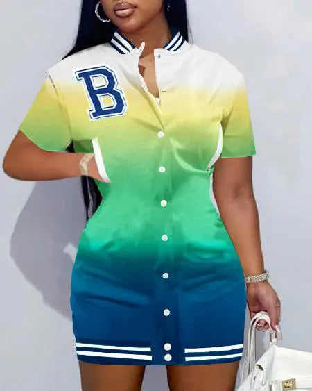 Casual jurk met ombre-ontwerpletterpatch en honkbalkraag 