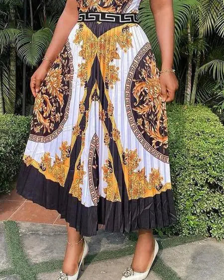 Geplooide grote maten jurk met barokke print en korte mouwen 