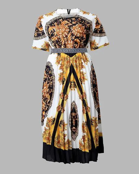 Pleated Plus Size Dress with Baroque Print & Short Sleeves