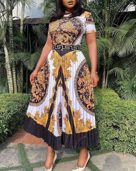 Pleated Plus Size Dress with Baroque Print & Short Sleeves