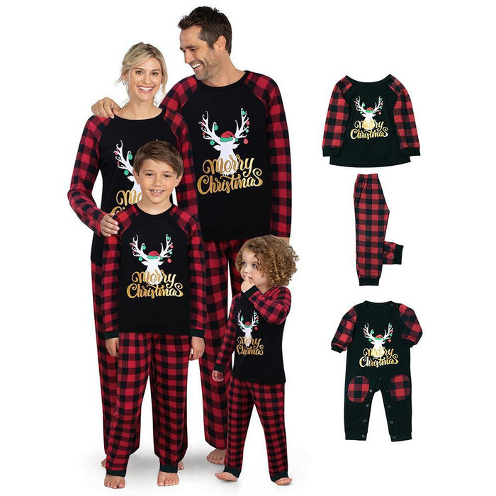 Family Matching Gold Reindeer Merry Christmas Plaid Pajamas Set