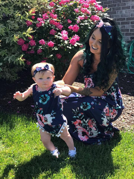 Dark Blue Printed Matching Dresses