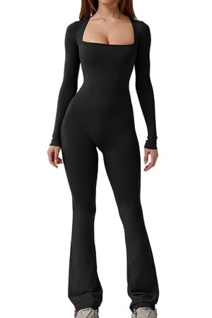 Elegant Wide Leg Long Sleeve Jumpsuit for Women: Full-Length Square Neck Romper