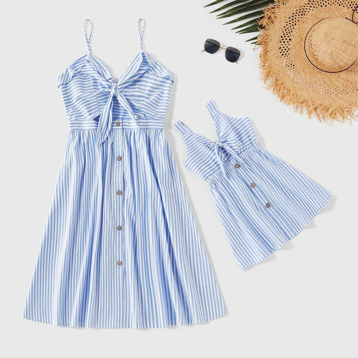 Mommy and Me Striped Bowknot Hollow out Tank Dresses