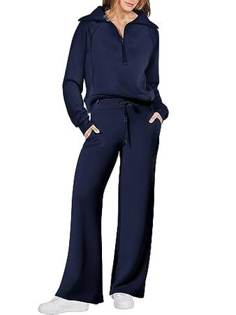 Chándal de lujo de 2 piezas para mujer - Sudadera extragrande con media cremallera y pantalones de pierna ancha - Colores clásicos 