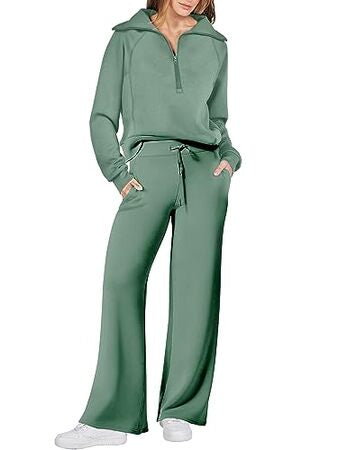 Chándal de lujo de 2 piezas para mujer: sudadera extragrande con media cremallera y pantalones anchos para estar por casa - Colores exóticos 