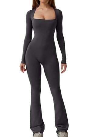 Elegant Wide Leg Long Sleeve Jumpsuit for Women: Full-Length Square Neck Romper