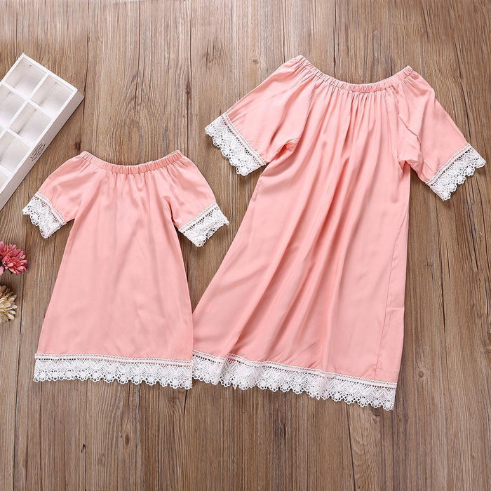Mommy and Me Lace stitching Short sleeve Dresses