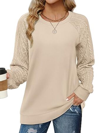 Elegant Women's Sweatshirt - Sophisticated Crewneck with Cable Knit Sleeves