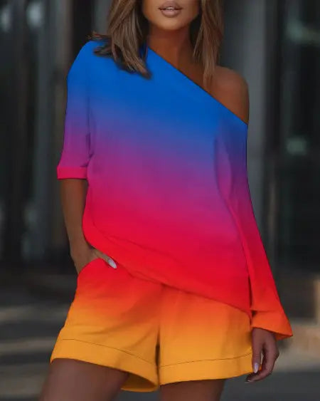Casual Ombre Top & Shorts Combo