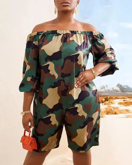 Plus Size Camouflage Romper with Off Shoulder Cut