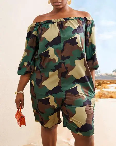 Plus Size Camouflage Romper with Off Shoulder Cut