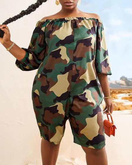 Plus Size Camouflage Romper with Off Shoulder Cut
