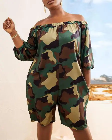 Plus Size Camouflage Romper with Off Shoulder Cut