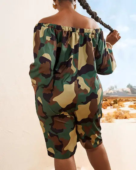 Plus Size Camouflage Romper with Off Shoulder Cut