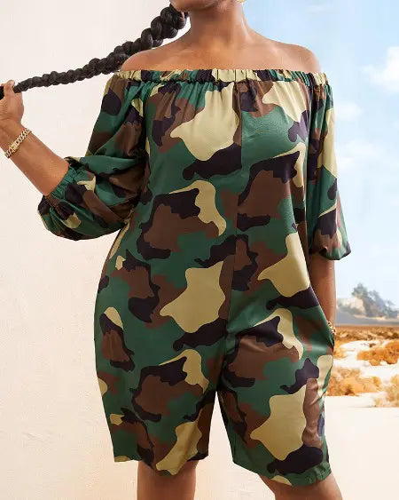 Plus Size Camouflage Romper with Off Shoulder Cut
