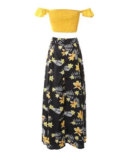 Off Shoulder Crop Top & Skirt with Tropical Print & Split Thigh