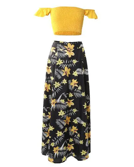 Off Shoulder Crop Top & Skirt with Tropical Print & Split Thigh
