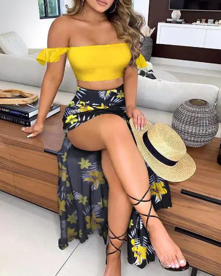 Off Shoulder Crop Top & Skirt with Tropical Print & Split Thigh