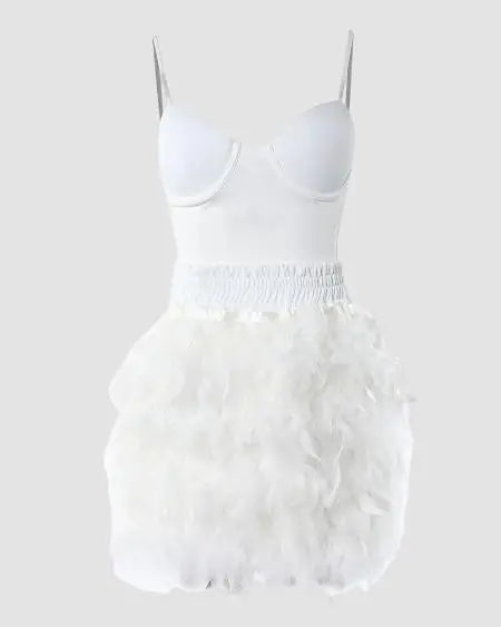 Spaghetti Strap Crop Top & Skirt with Feathers