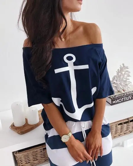 T-Shirt & Striped Skirt Combo with Boat Anchor Print