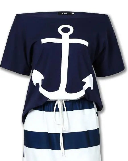T-Shirt & Striped Skirt Combo with Boat Anchor Print
