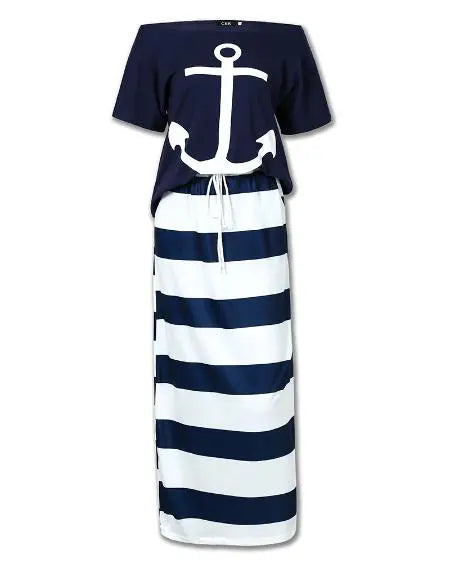 T-Shirt & Striped Skirt Combo with Boat Anchor Print