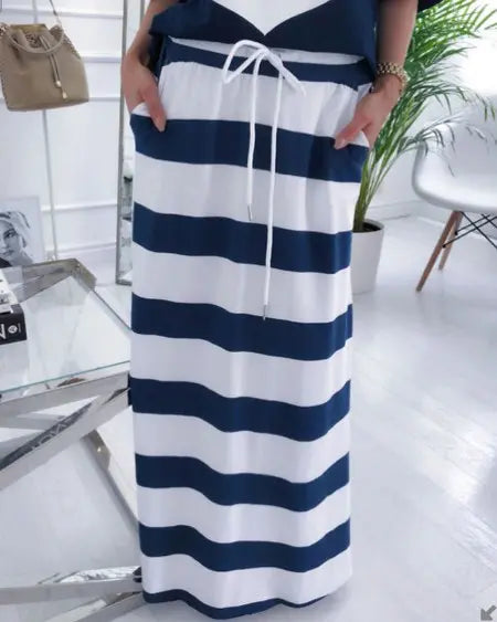 T-Shirt & Striped Skirt Combo with Boat Anchor Print