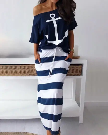 T-Shirt & Striped Skirt Combo with Boat Anchor Print